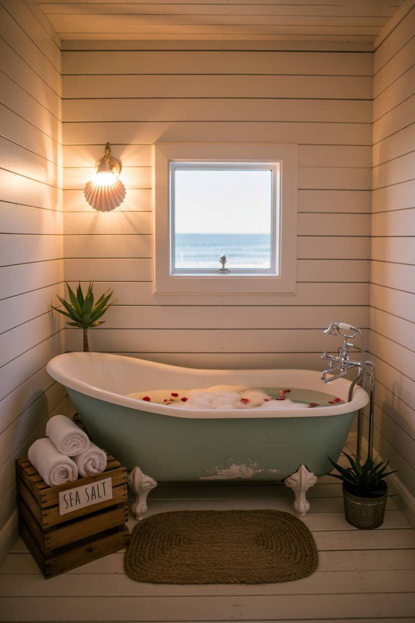 17 Coastal Bathroom Ideas for Stunning Beachy Decor 10 Cozy coastal bathroom with seafoam green clawfoot tub filled with bubbles and rose petals, white shiplap walls, porthole window overlooking ocean, and seashell sconce