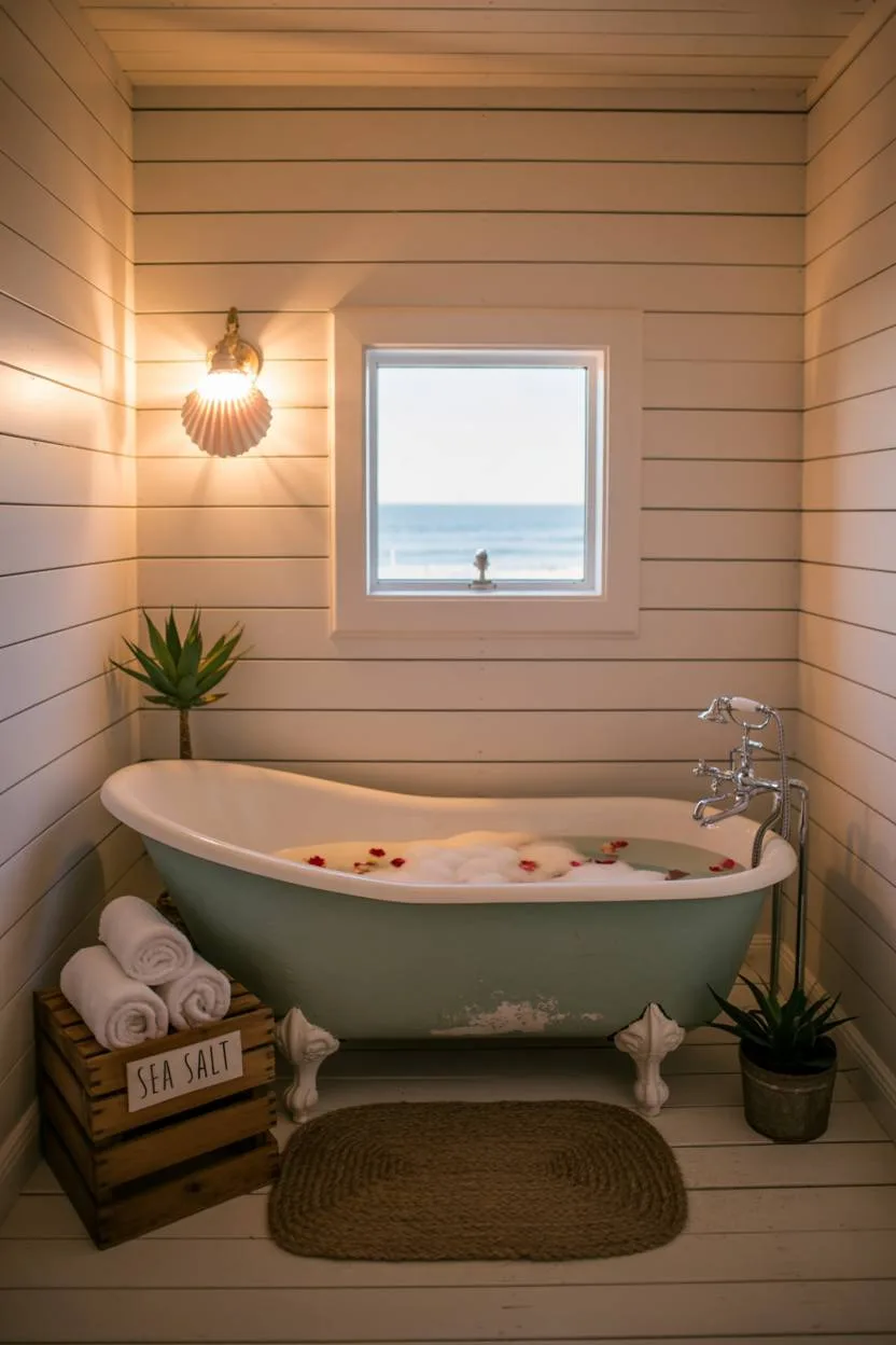 17 Coastal Bathroom Ideas for Stunning Beachy Decor 10 Cozy coastal bathroom with seafoam green clawfoot tub filled with bubbles and rose petals, white shiplap walls, porthole window overlooking ocean, and seashell sconce