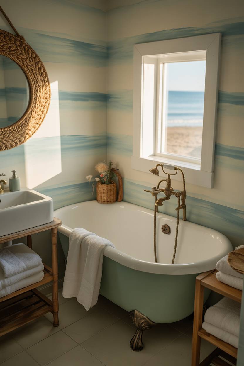 17 Coastal Bathroom Ideas for Stunning Beachy Decor 11 Cozy coastal bathroom with seafoam green clawfoot tub, vintage brass fixtures, white towels on wooden shelves, seagrass-framed mirror, and beach view window