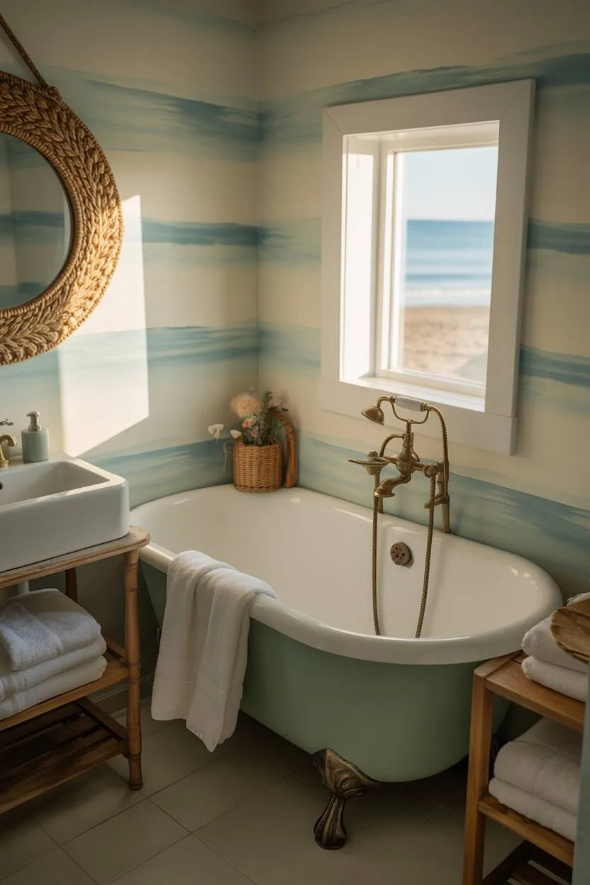 17 Coastal Bathroom Ideas for Stunning Beachy Decor 11 Cozy coastal bathroom with seafoam green clawfoot tub, vintage brass fixtures, white towels on wooden shelves, seagrass-framed mirror, and beach view window