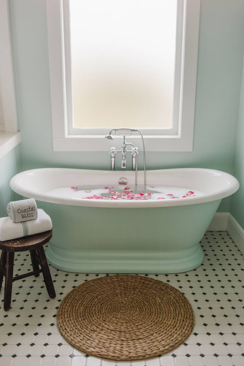 17 Coastal Bathroom Ideas for Stunning Beachy Decor 12 Half coastal bathroom with white freestanding tub with rattan detailing, wooden stool holding towels and champagne, pale blue walls, and jute rug
