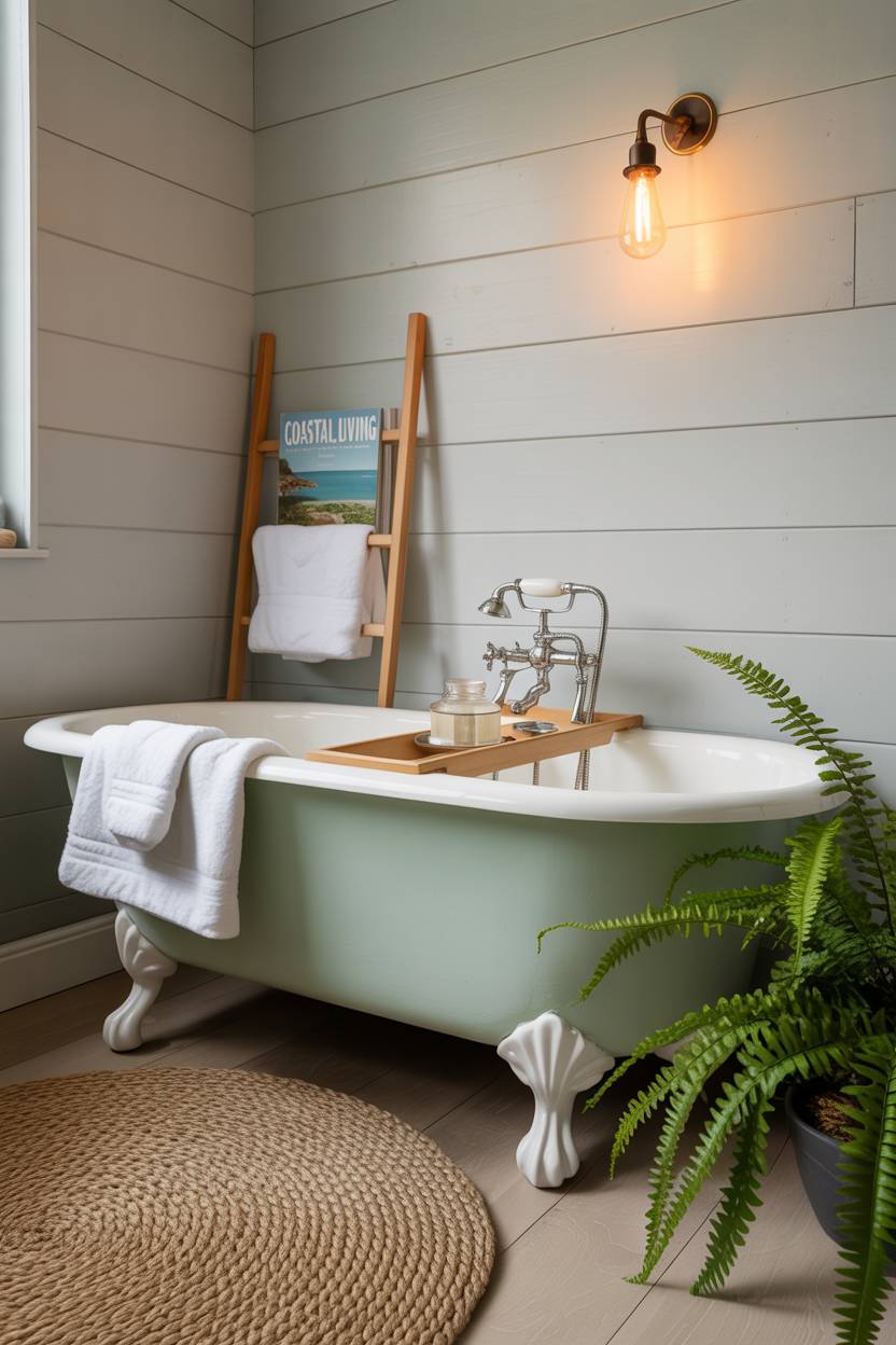 17 Coastal Bathroom Ideas for Stunning Beachy Decor 13 Stylish bathroom with seafoam green clawfoot tub, white towels, wooden bath rack with magazines, grey shiplap walls, brass sconce, and potted fern