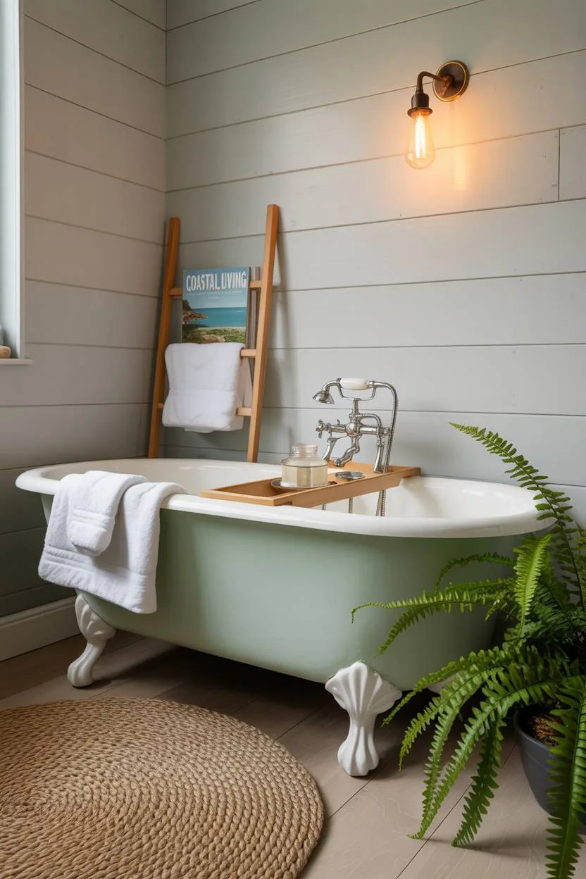 17 Coastal Bathroom Ideas for Stunning Beachy Decor 13 Stylish bathroom with seafoam green clawfoot tub, white towels, wooden bath rack with magazines, grey shiplap walls, brass sconce, and potted fern