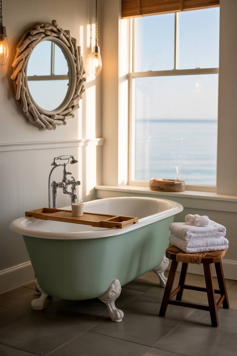 17 Coastal Bathroom Ideas for Stunning Beachy Decor 14 Half coastal bathroom with seafoam green claw-foot tub, white towels, wooden stool with rattan seat, driftwood-framed mirror, and ocean view window