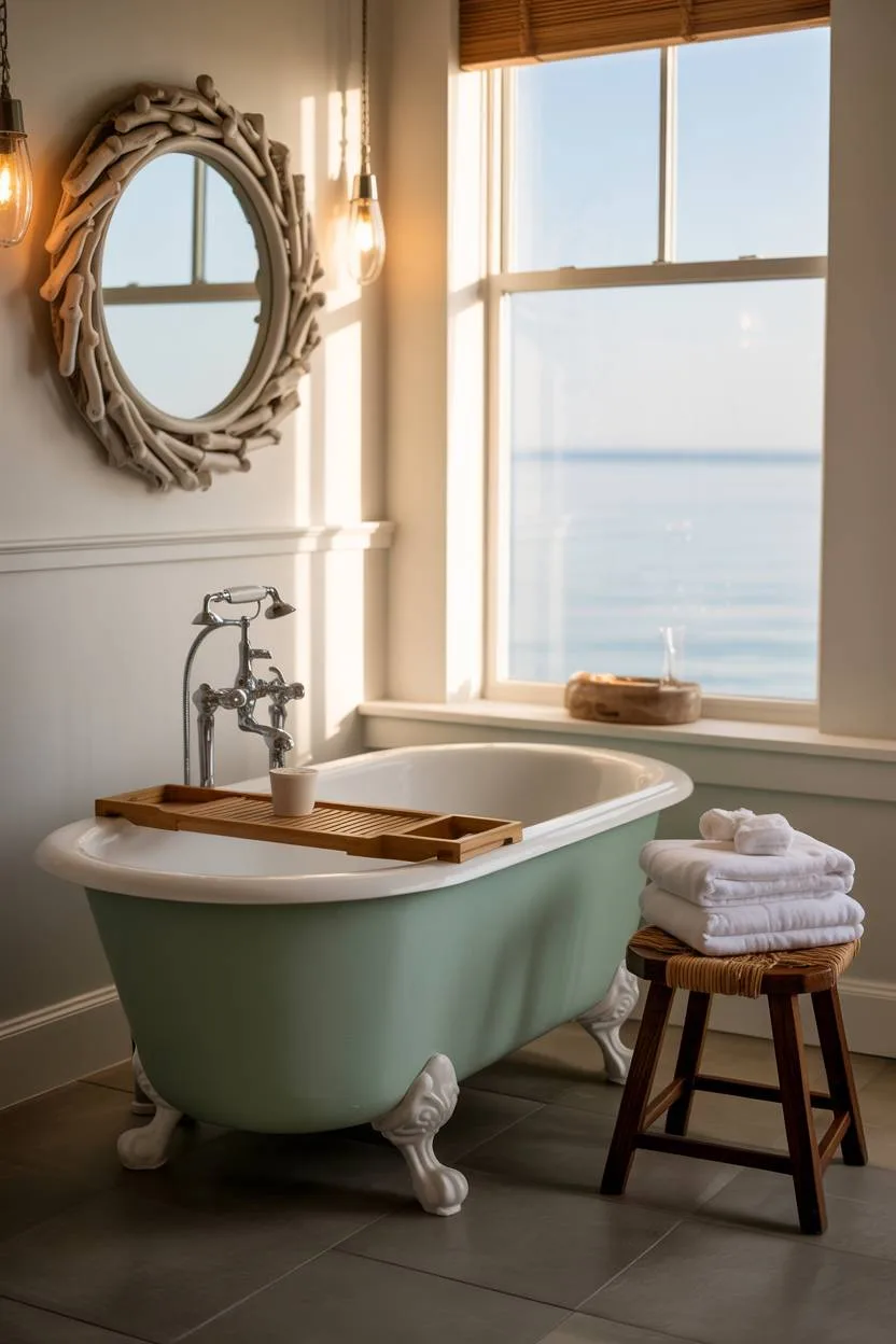 17 Coastal Bathroom Ideas for Stunning Beachy Decor 14 Half coastal bathroom with seafoam green claw-foot tub, white towels, wooden stool with rattan seat, driftwood-framed mirror, and ocean view window