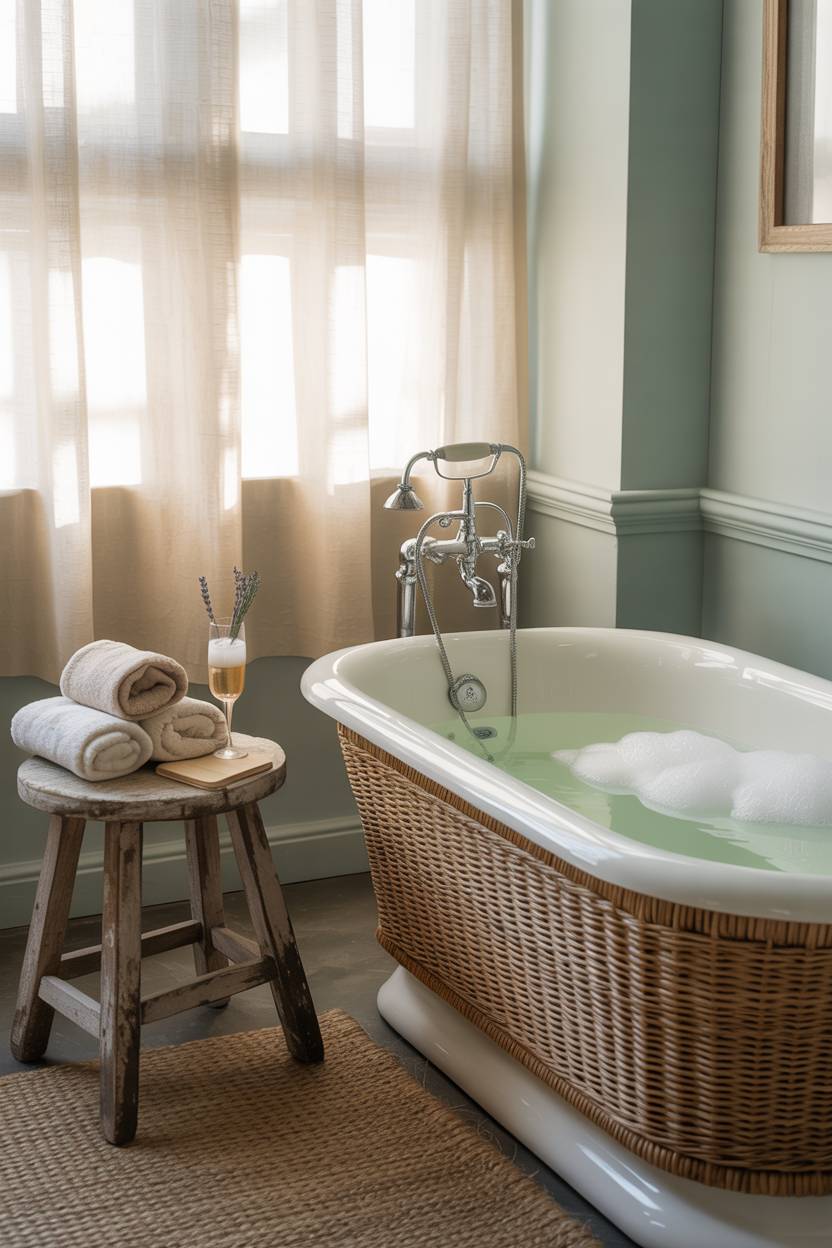 17 Coastal Bathroom Ideas for Stunning Beachy Decor 15 Cozy half coastal bathroom with white freestanding tub with rattan details, wooden stool with towels and champagne, pale blue walls, and natural light through linen curtain