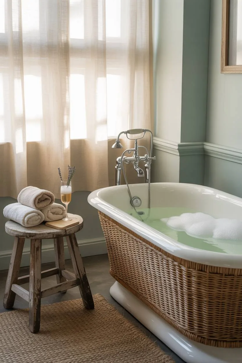 17 Coastal Bathroom Ideas for Stunning Beachy Decor 15 Cozy half coastal bathroom with white freestanding tub with rattan details, wooden stool with towels and champagne, pale blue walls, and natural light through linen curtain