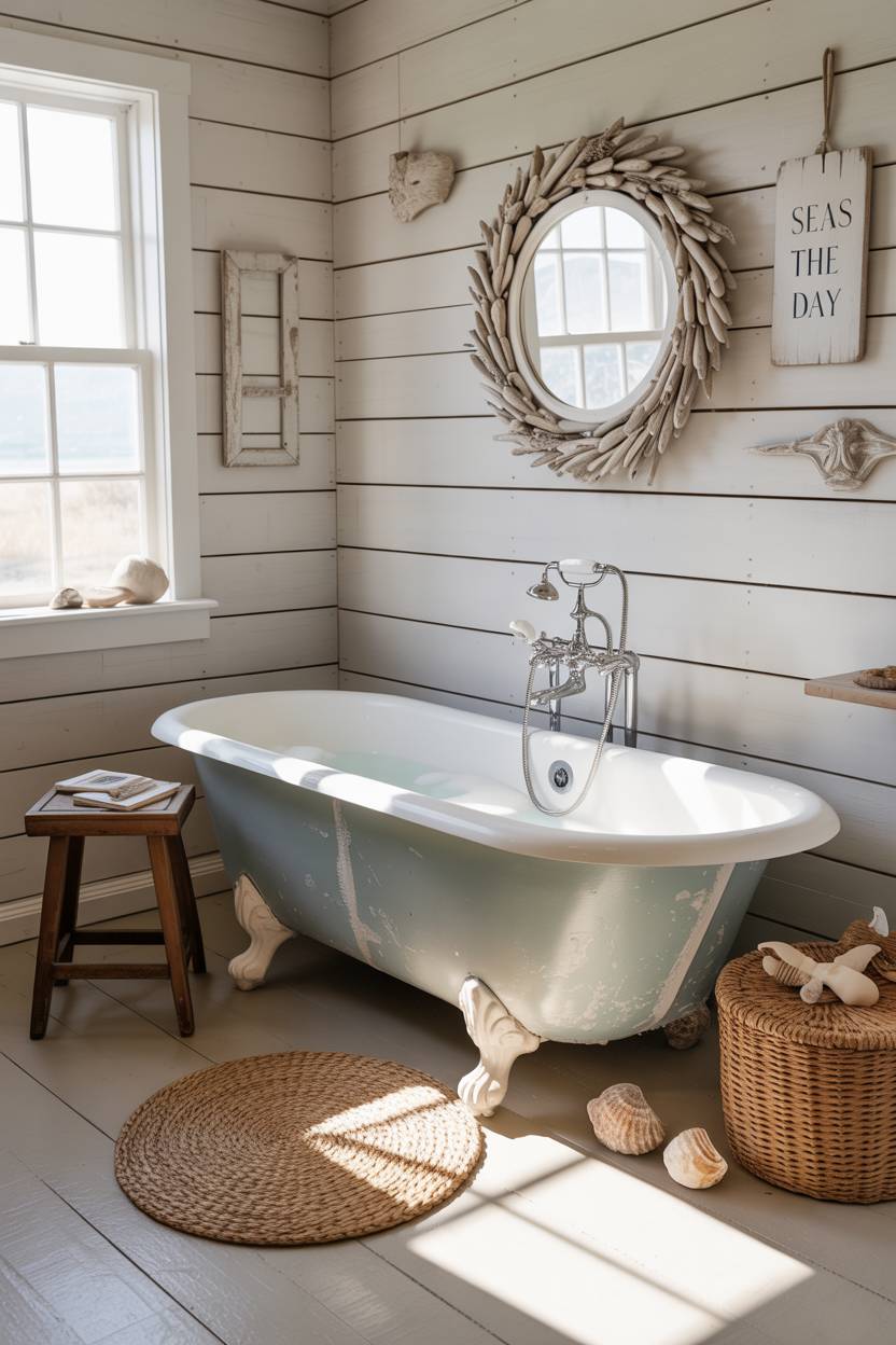 17 Coastal Bathroom Ideas for Stunning Beachy Decor 16 Bright coastal farmhouse bathroom with white clawfoot tub filled with bubbles and seashells, seagrass rug, whitewashed shiplap walls, and driftwood-framed mirror