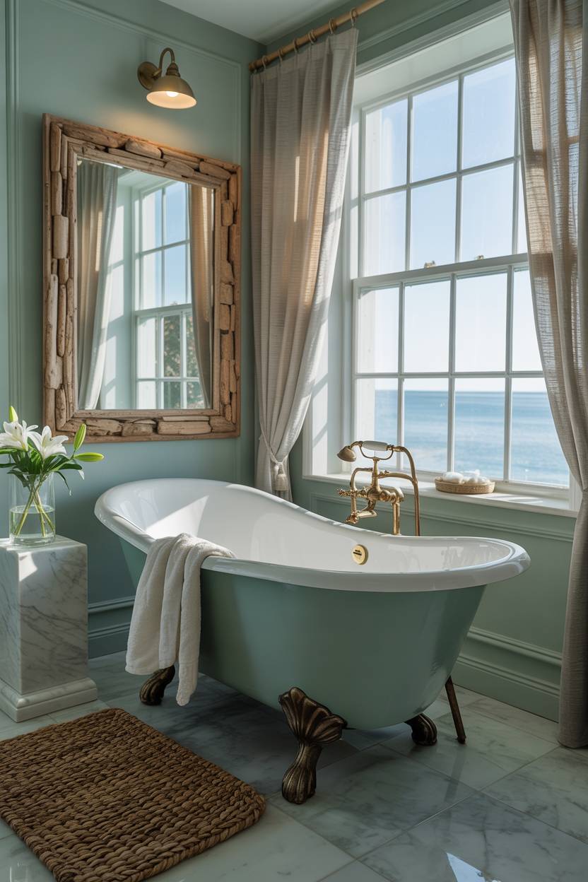 17 Coastal Bathroom Ideas for Stunning Beachy Decor 17 Luxurious coastal bathroom with clawfoot tub under ocean-view window, seafoam green walls, brass fixtures, driftwood-framed mirror, and white lily vase