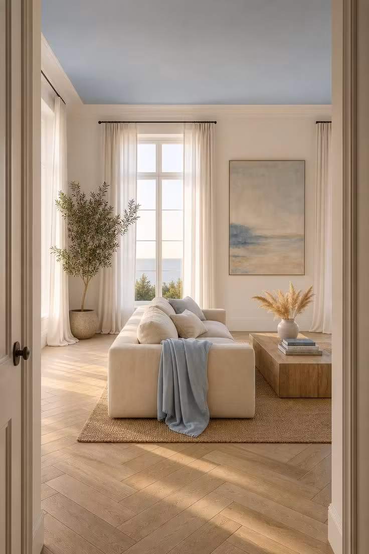 Coastal living room with powder blue ceiling, bleached oak floors, and white linen drapes in warm golden afternoon light