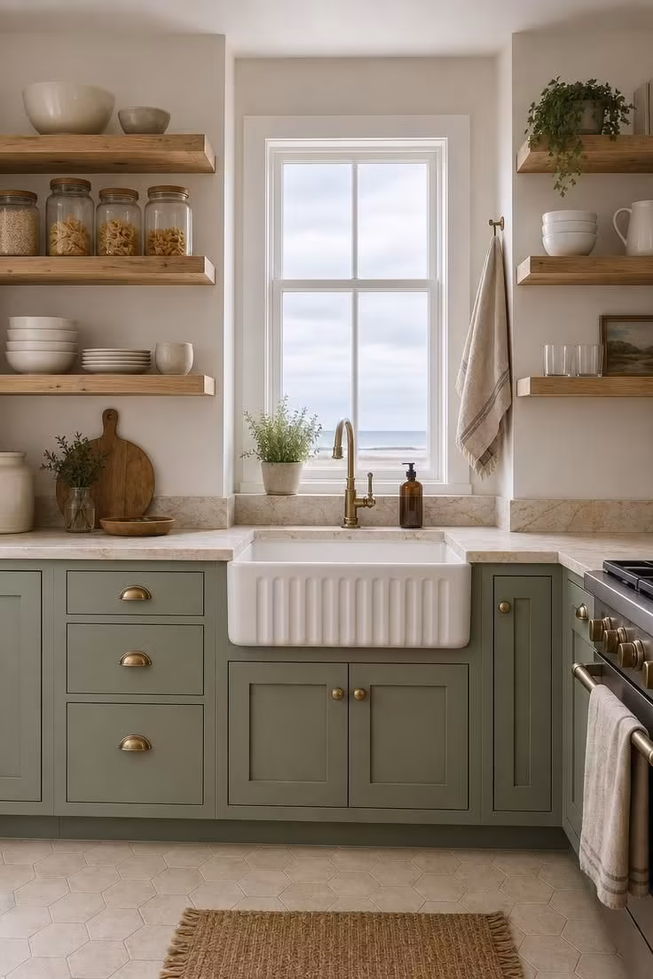 Beach cottage kitchen with sage green cabinets, sand-colored quartzite counters, and open pine shelving in cool overcast light
