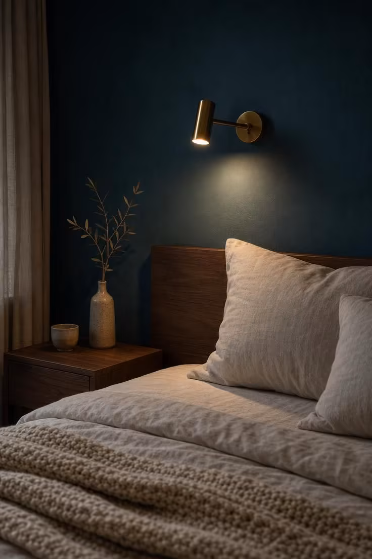 Coastal bedroom with deep teal accent wall, low walnut platform bed, and ivory linen bedding in moody low light