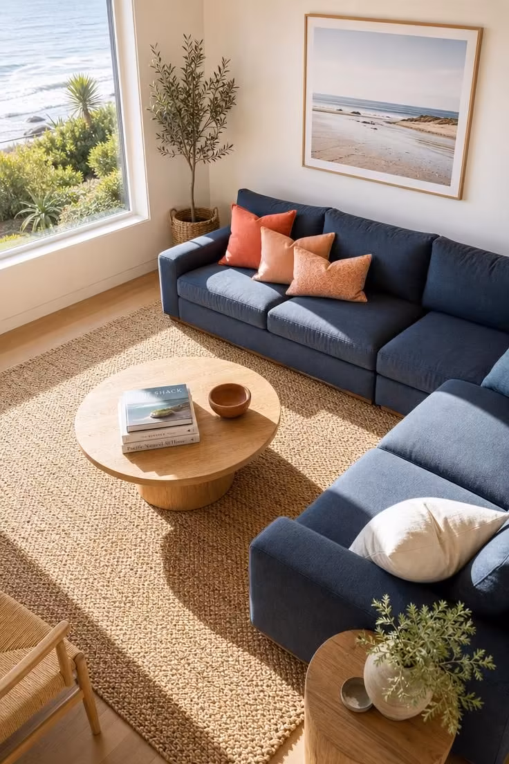 Bright coastal living room with slate blue sectional, warm coral throw pillows, and sisal rug in midday light