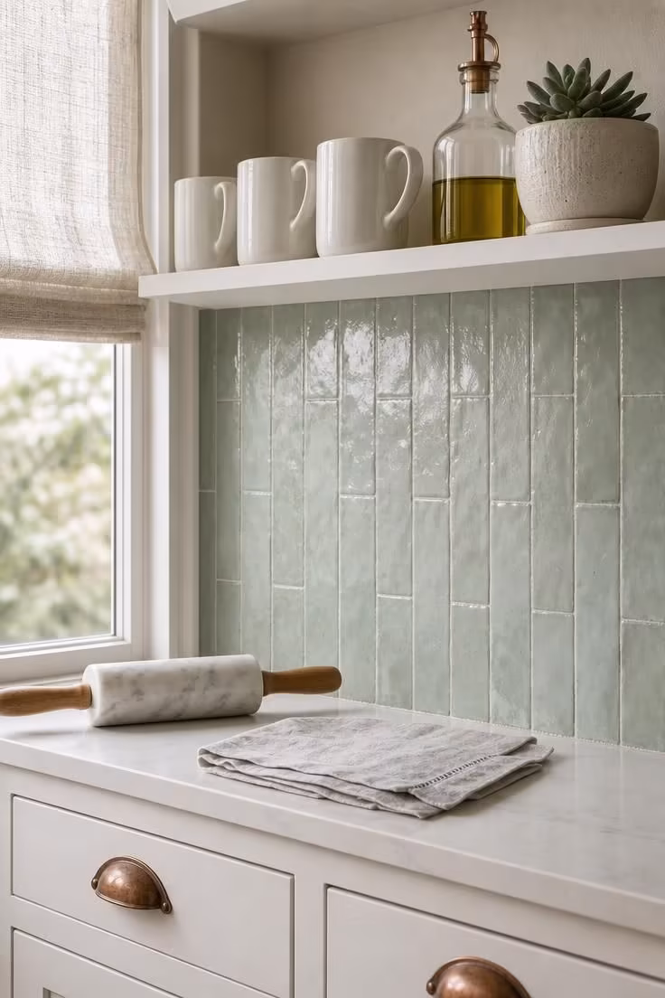 Seafoam zellige tile backsplash with matte white shelving and aged copper hardware in soft diffused light