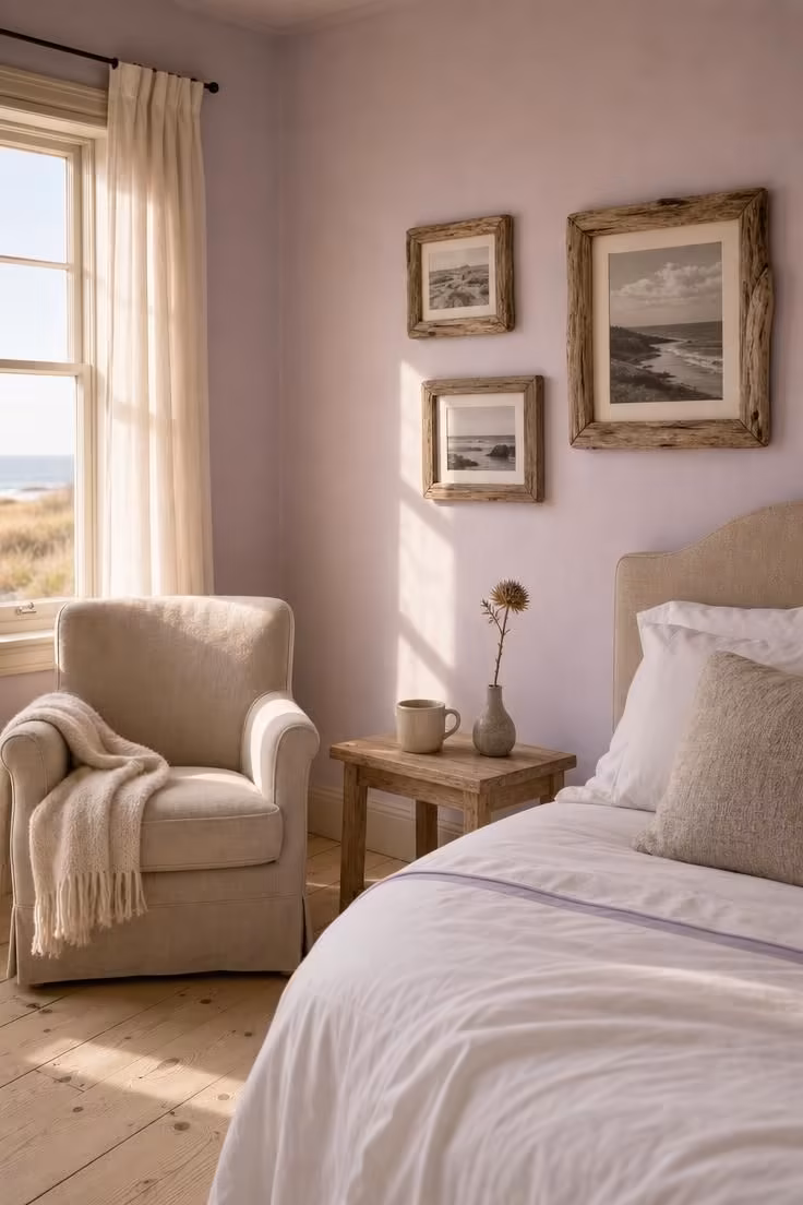 Guest bedroom with sun-bleached lavender walls, driftwood picture frames, and oat-toned upholstered armchair in golden light