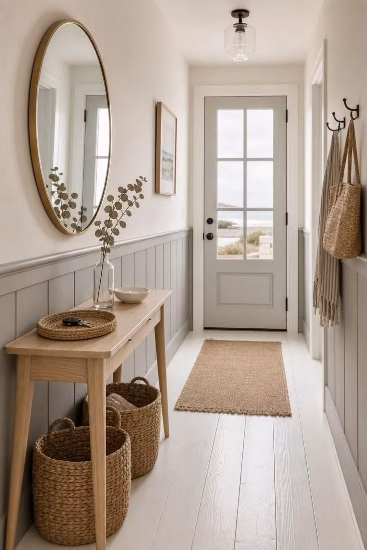 Coastal entryway with dove gray wainscoting, bleached pine console, and round brass mirror in cool overcast light