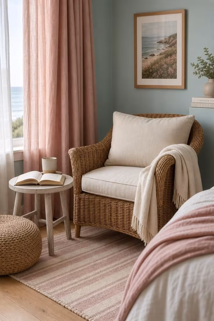 Coastal bedroom reading corner with pale aqua wall, dusty rose linen curtains, and natural wicker armchair in soft diffused light