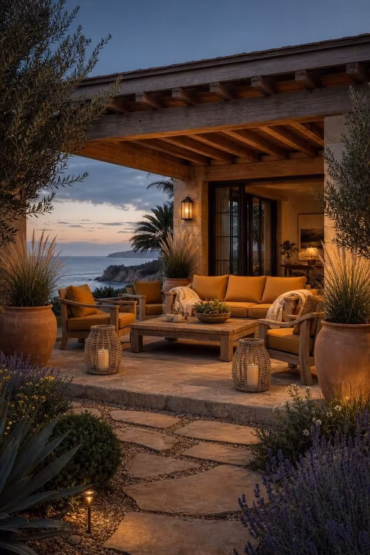 Covered coastal patio at dusk with ochre cushions, cream throws, and weathered teak seating against a dusky sky