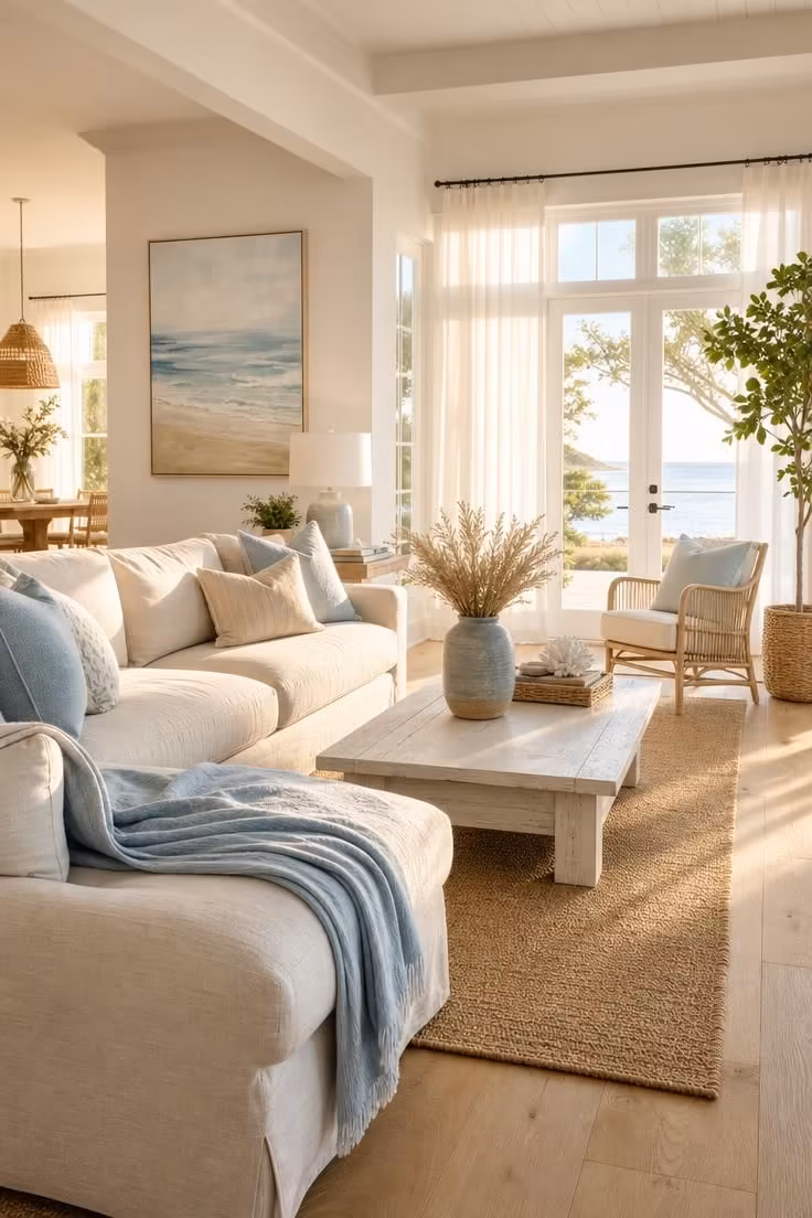 Simple Spaces 14 Bright coastal living room with blue and cream color palette, linen sofa, jute rug, and golden afternoon light through sheer curtains