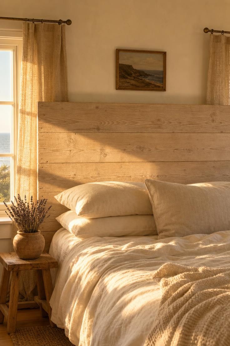 11 Breezy Coastal Cottage Bedroom Ideas for a Soft Retreat 1 Bleached oak plank headboard with woven linen side panels in a coastal cottage bedroom with warm golden light.