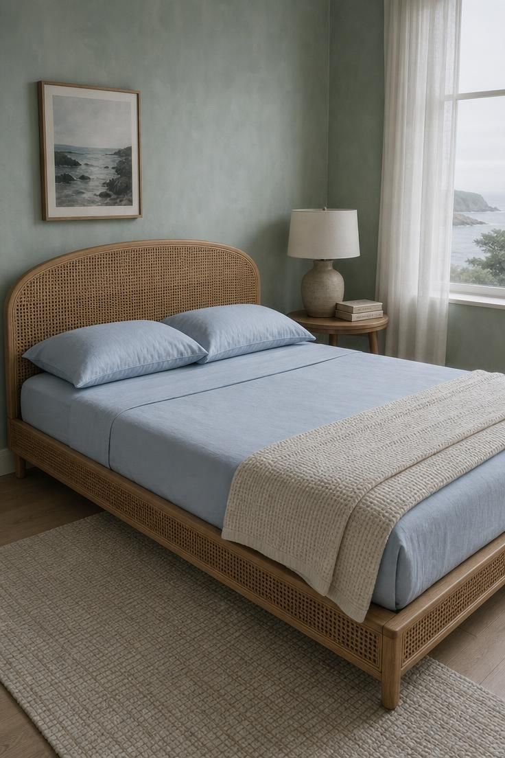 11 Breezy Coastal Cottage Bedroom Ideas for a Soft Retreat 2 Caned rattan bed frame against a seafoam limewash wall in a coastal cottage bedroom with cool morning light.
