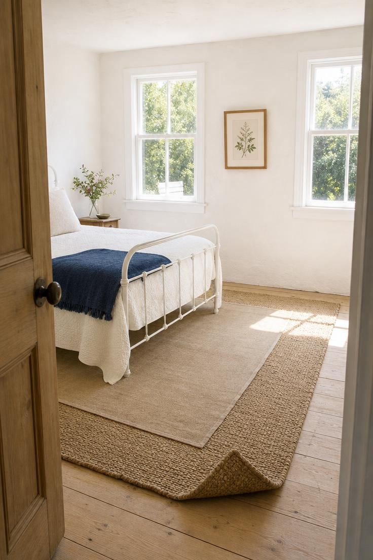11 Breezy Coastal Cottage Bedroom Ideas for a Soft Retreat 3 Layered jute and linen rugs beneath a white iron bed in a bright coastal cottage bedroom with midday sunlight.