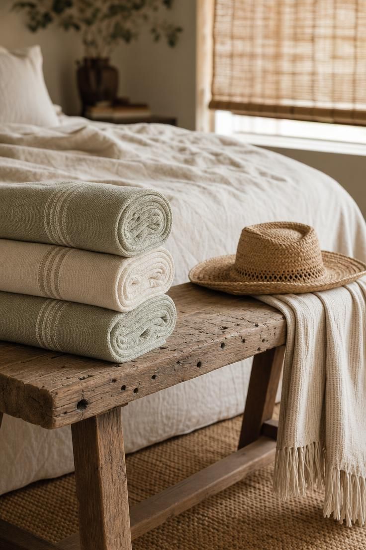 11 Breezy Coastal Cottage Bedroom Ideas for a Soft Retreat 4 Reclaimed teak bench with rolled towels and straw hat at the foot of a bed in a coastal cottage bedroom.