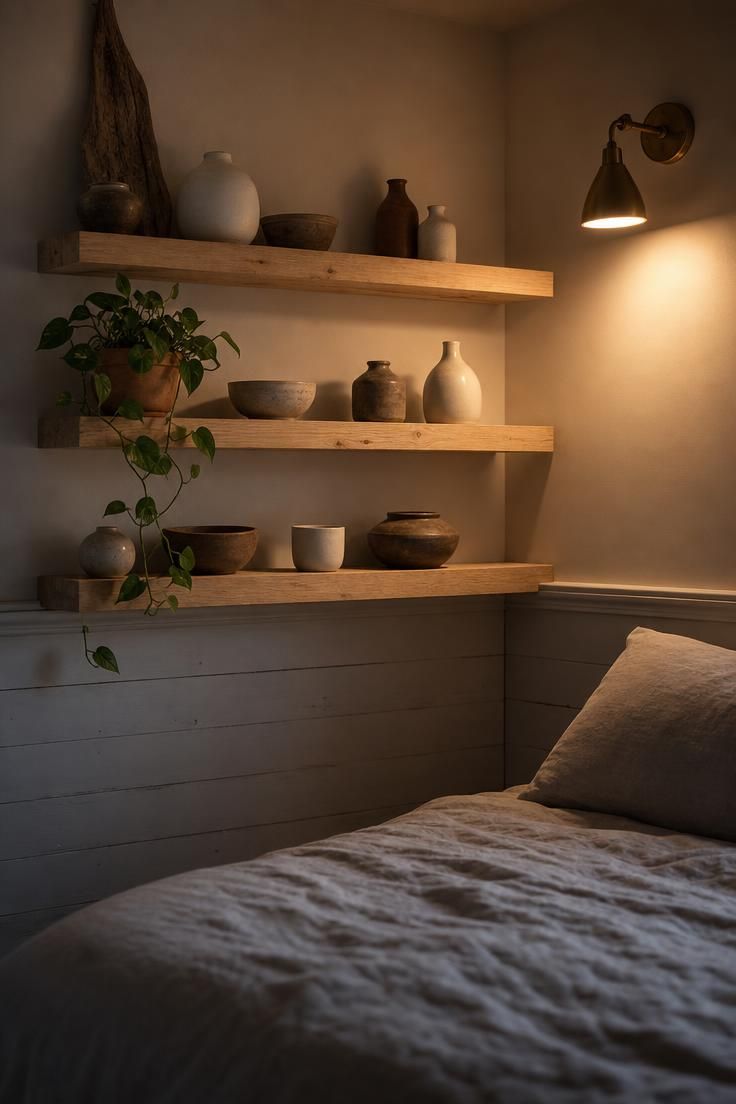 11 Breezy Coastal Cottage Bedroom Ideas for a Soft Retreat 5 Whitewashed shiplap half-wall with open pine shelving displaying pottery and driftwood accents in a coastal cottage bedroom.