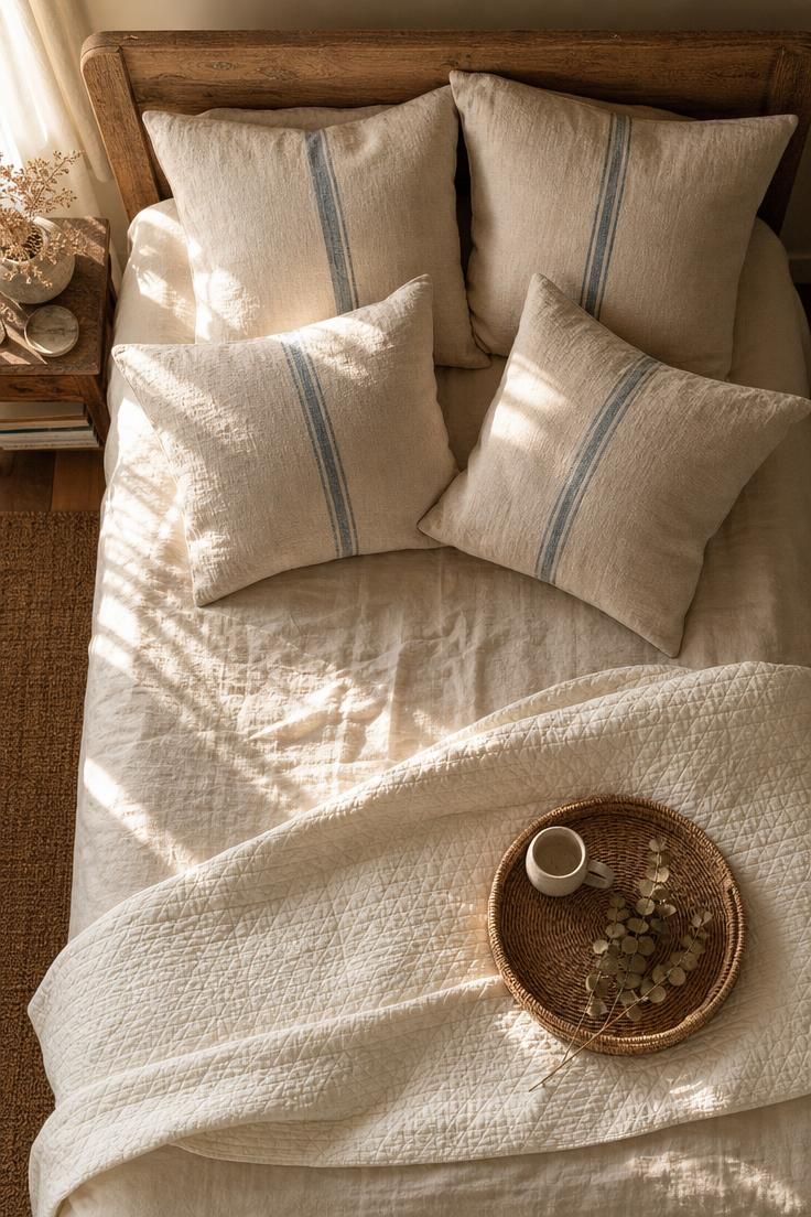 11 Breezy Coastal Cottage Bedroom Ideas for a Soft Retreat 6 Vintage blue-striped grain sack pillow covers on a neutral linen bed in a coastal cottage bedroom with golden sunlight.