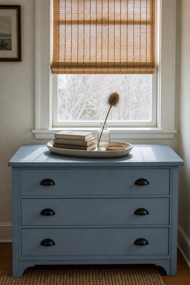 11 Breezy Coastal Cottage Bedroom Ideas for a Soft Retreat 7 Bamboo Roman shade filtering light over a chalk blue cottage dresser with iron hardware in a coastal bedroom.