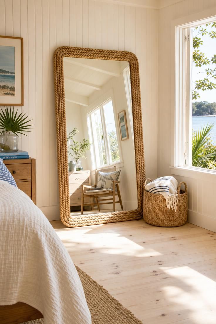 11 Breezy Coastal Cottage Bedroom Ideas for a Soft Retreat 8 Rope-framed mirror leaning against a beadboard wall with bright midday light reflecting across a coastal cottage bedroom.