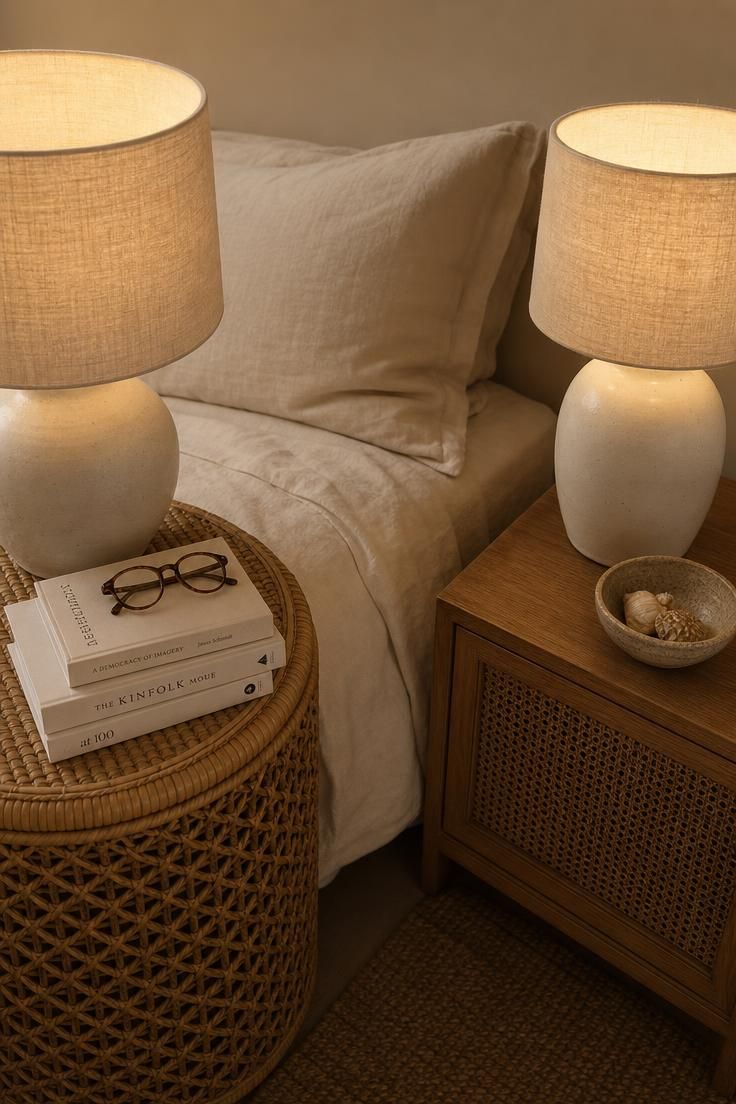 11 Breezy Coastal Cottage Bedroom Ideas for a Soft Retreat 9 Mismatched rattan nightstands with ceramic table lamps and linen shades in a coastal cottage bedroom with soft diffused light.