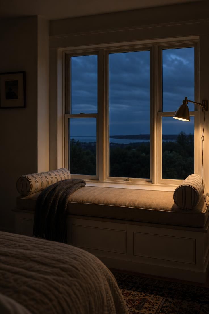 11 Breezy Coastal Cottage Bedroom Ideas for a Soft Retreat 10 Built-in window seat with washed cotton canvas cushion and ticking stripe roll pillows in a coastal cottage bedroom with moody evening light.