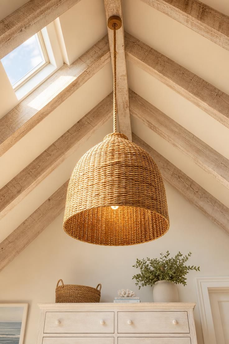 11 Breezy Coastal Cottage Bedroom Ideas for a Soft Retreat 11 Exposed whitewashed rafters with a woven seagrass pendant light in a coastal cottage bedroom with warm morning light through a skylight.