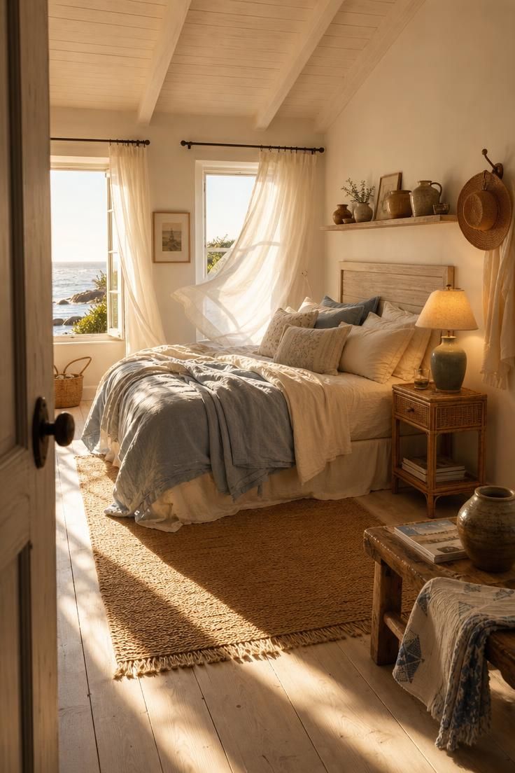 Simple Spaces 19 A coastal cottage bedroom with layered linen bedding, bleached wood headboard, and warm golden afternoon light streaming through sheer curtains.