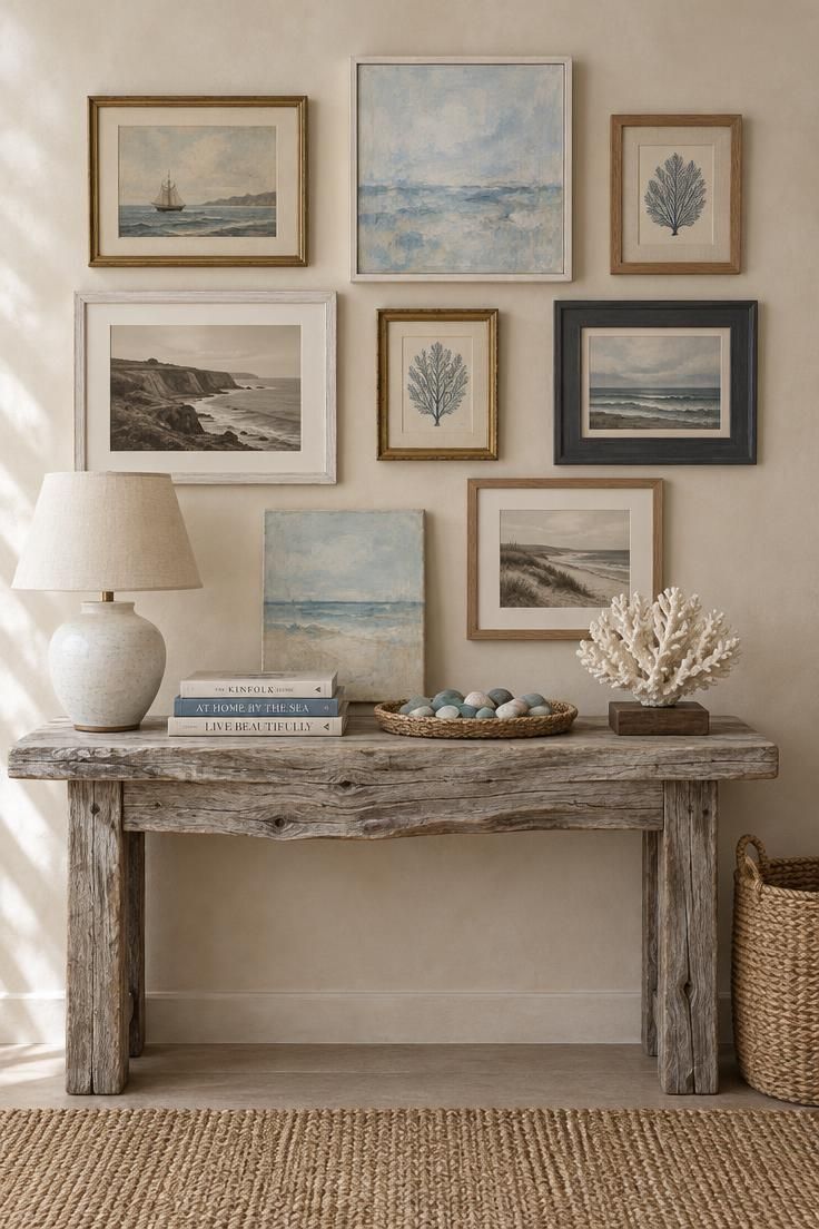 A driftwood console with books, a white ceramic lamp, a tray of sea glass, and bleached coral beneath a salon-style gallery of mismatched frames on a pale sand wall, with a jute rug and woven basket.