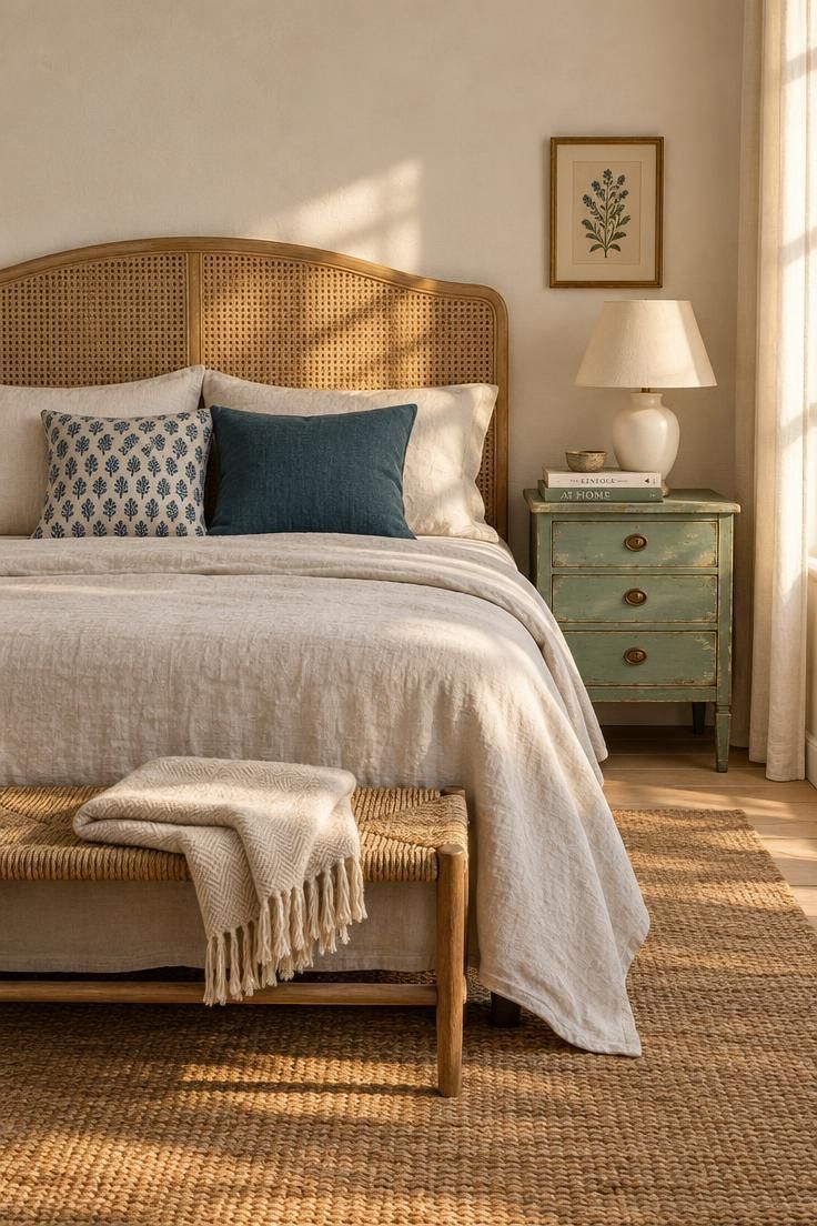 A bedroom with a cane headboard, a vintage sea green painted nightstand with a white lamp and books, light linen bedding with indigo and teal pillows, a jute rug, and a woven bench at the foot of the bed.