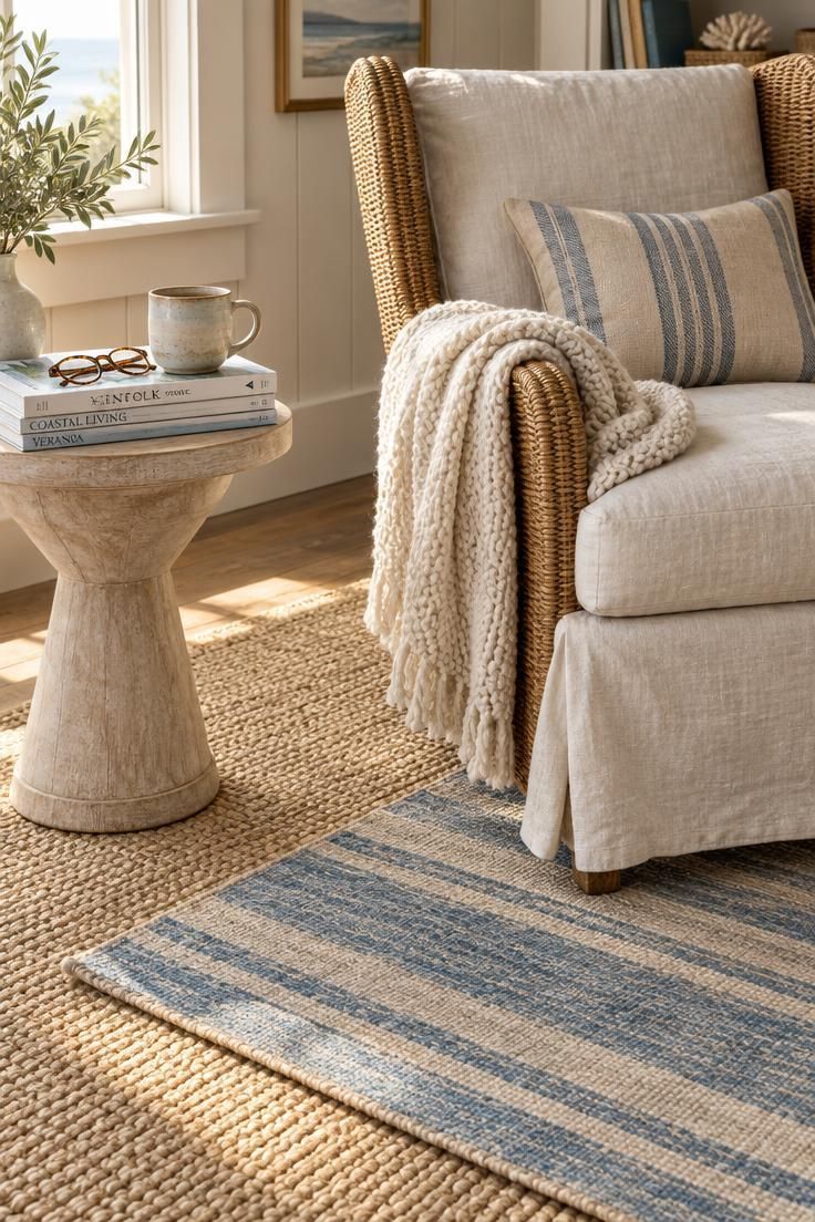 A rattan wing chair with an ivory linen slipcover on a layered sisal rug and an angled blue-and-cream striped cotton rug, with a knit throw, a bleached wood side table, a ceramic mug, and magazines.