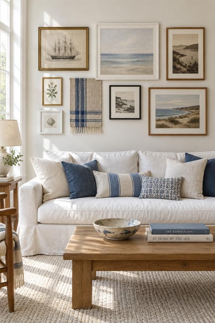 A white slipcovered sofa beneath a large mixed frame gallery wall with brass, white, wood, and black frames holding a ship sketch, abstract seascape, coastal photograph, and woven textile, with patterned linen pillows.