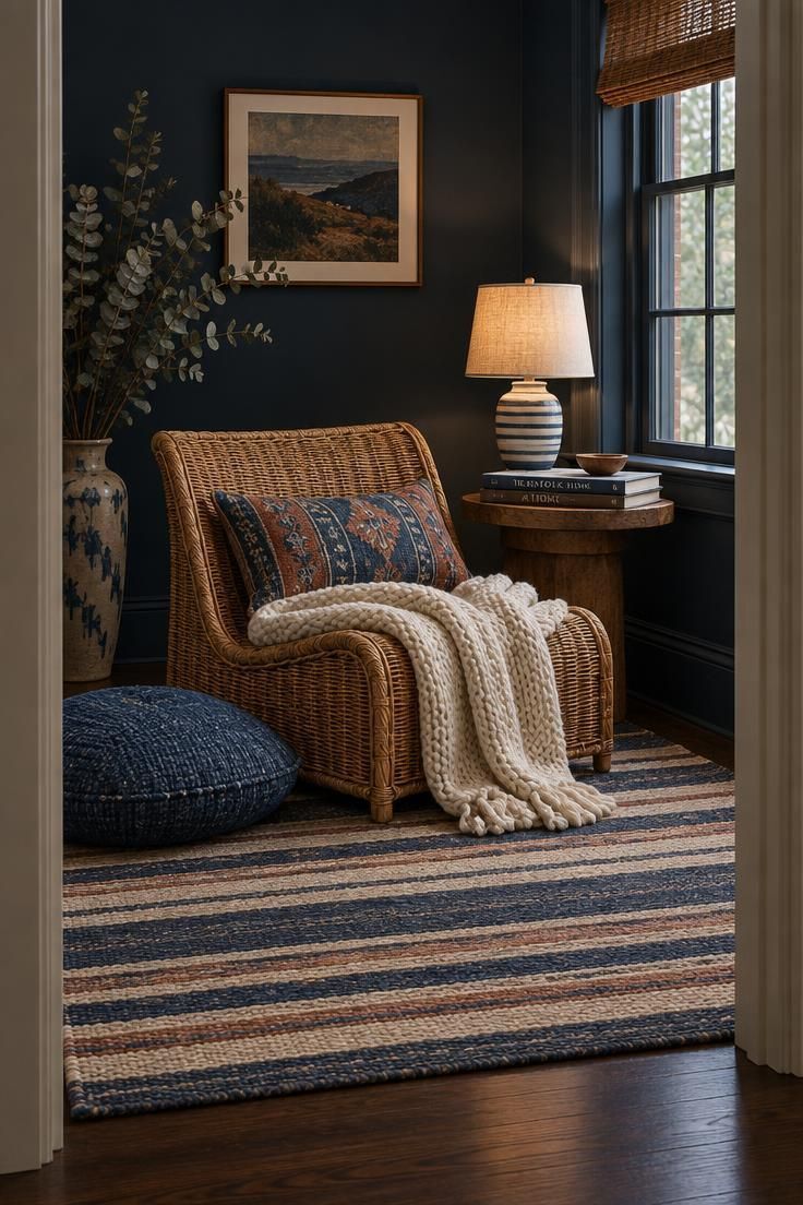A window-side nook with a low wicker chair, indigo floor cushion, ivory knit throw, blue and terracotta lumbar pillow, wooden side table with books and a striped lamp, and a striped flatweave rug.