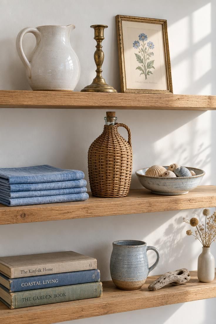 Three wooden wall shelves against a white wall, one with a ceramic pitcher, brass candlestick, and framed print, one with blue linen napkins, a wicker bottle, and a bowl of shells, and one with vintage books, a mug, and driftwood.