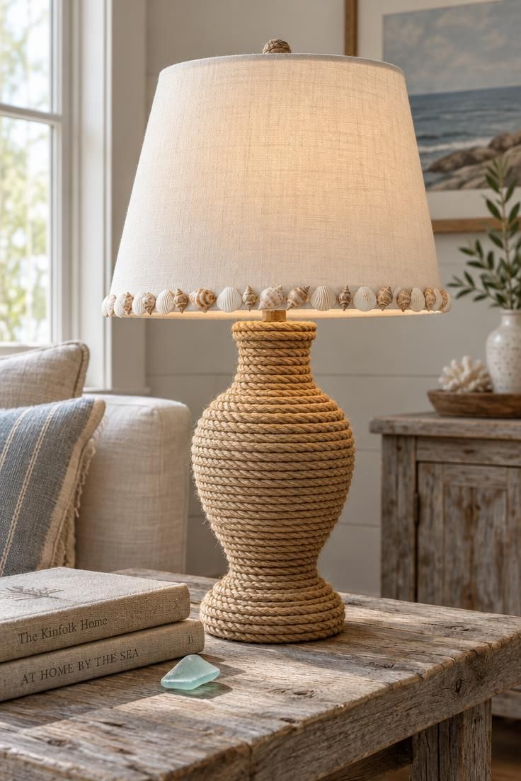 A rope-wrapped table lamp with a linen shade trimmed in small white shells, sitting on a weathered driftwood side table beside linen books and a bit of pale aqua sea glass.