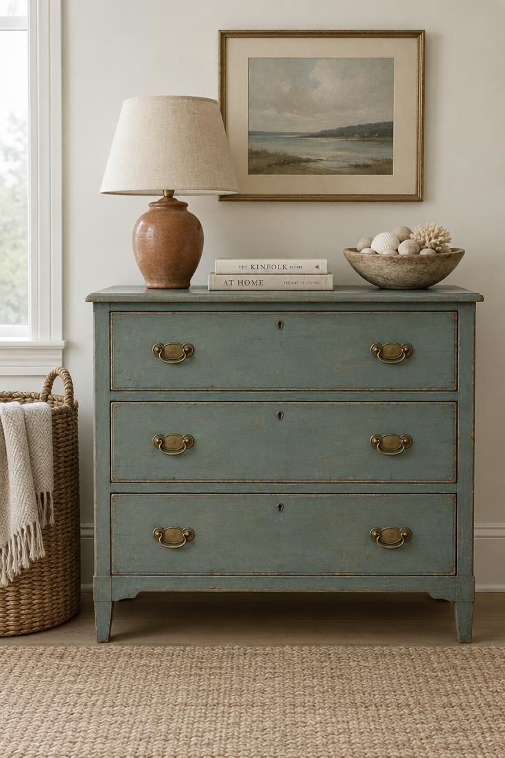 A vintage blue-green painted dresser with brass pulls holding a terracotta lamp, linen books, and a bowl of shells, with a tall woven basket and oatmeal throw beside it on a sand rug.