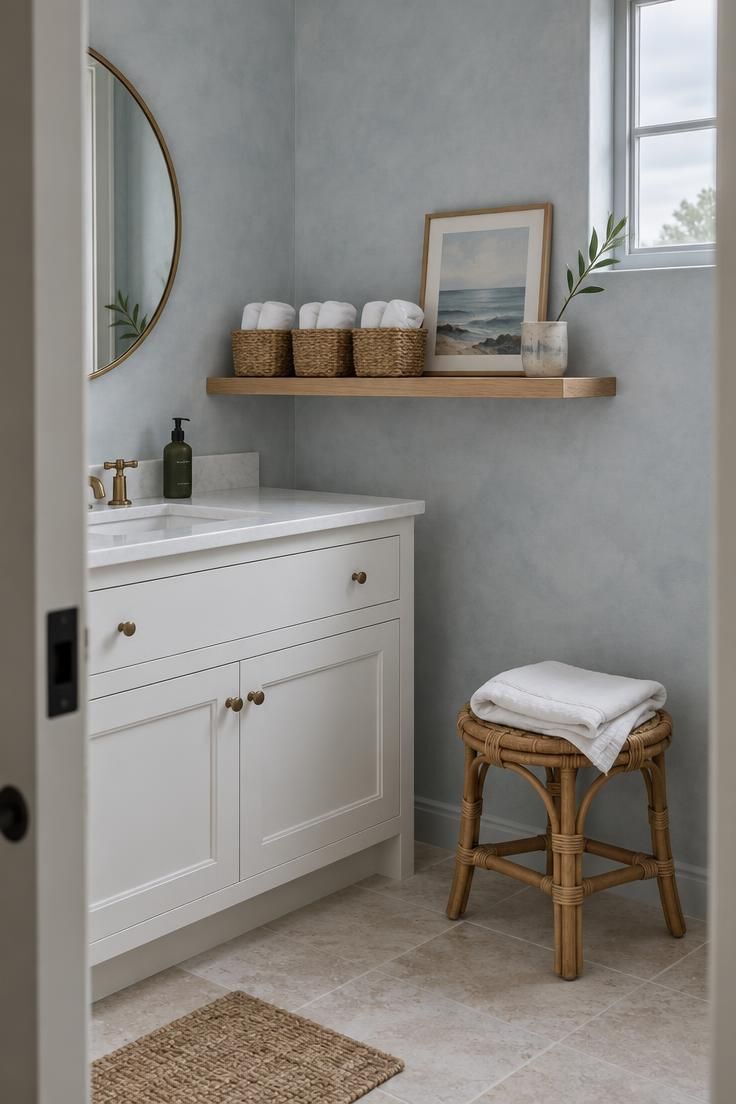 A white bathroom vanity with a wooden ledge above holding three seagrass baskets, a framed seascape print, and a ceramic cup with a green stem, plus a rattan stool with a folded linen towel.
