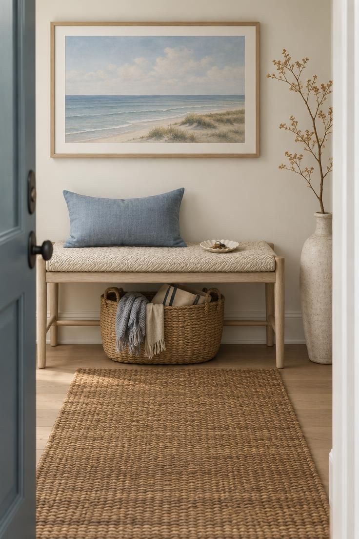 A narrow entryway with a pale wood bench, woven ivory seat cushion, faded blue lumbar pillow, large horizontal seascape print, jute runner, seagrass basket, and a shell-shaped ceramic tray.