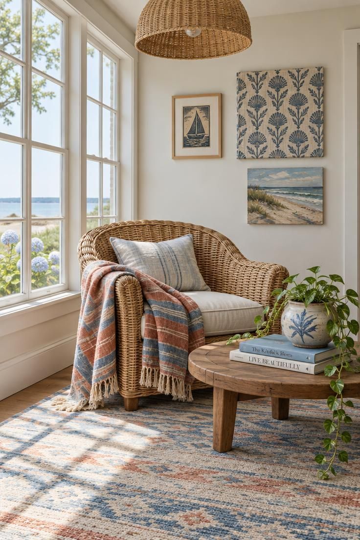 A bright sunroom corner with a wicker armchair, a terracotta and blue striped blanket, a round wooden table with a trailing plant and books, three mixed artworks above, and a blue, cream, and terracotta flatweave rug.