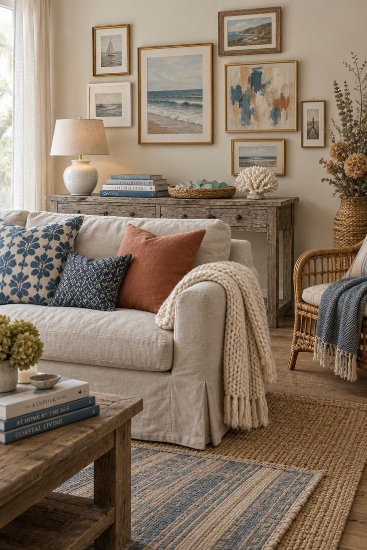 A coastal eclectic living room with an oatmeal slipcovered sofa on layered jute and striped rugs, patterned pillows, a driftwood console with a lamp and sea glass tray, and a mixed frame gallery wall above.