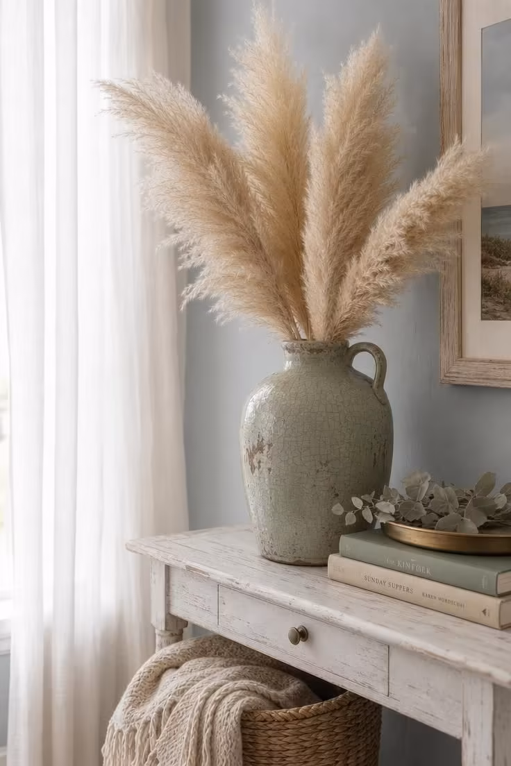 10 Soft Coastal Fall Decor Ideas That Bring Shoreline Warmth 2 Pampas grass arrangement in a crackle-glazed ceramic jug on a whitewashed console table with a woven seagrass basket below.