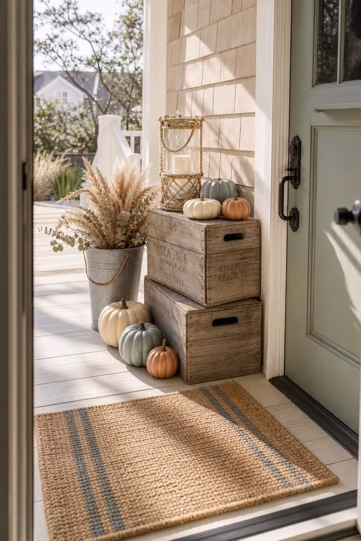 10 Soft Coastal Fall Decor Ideas That Bring Shoreline Warmth 4 A coastal pumpkin display with muted pumpkins on weathered crates beside a sage green front door on a sunlit porch.