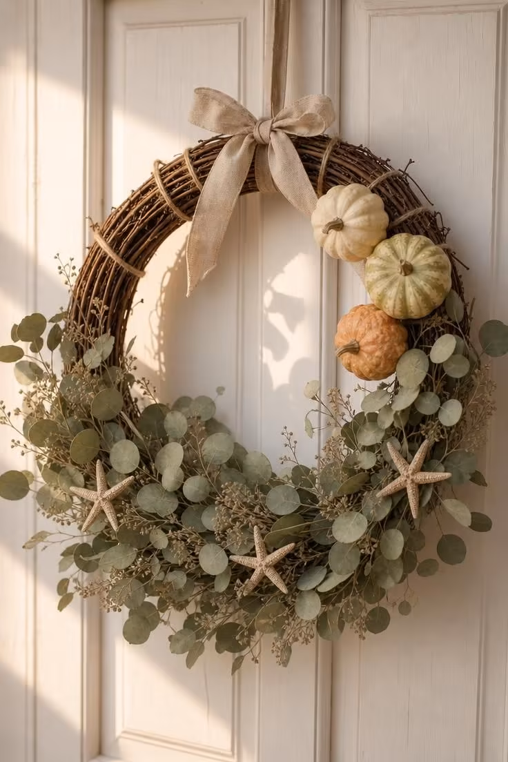 10 Soft Coastal Fall Decor Ideas That Bring Shoreline Warmth 5 A nautical wreath with dried eucalyptus, miniature gourds, and small starfish on a white front door in warm afternoon light.